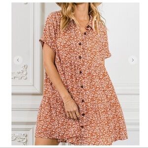 New! Boho Short-Sleeve Floral Button Down Babydoll Flowy Dress Size S Oversized
